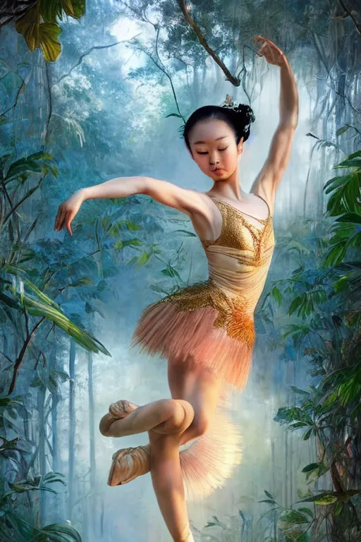 Image similar to stunningly beautiful, asian prima ballerina in jungle, symmetrical face, golden hour, smooth, focus, highly detailed, hyper realistic, dramatic lighting, elegant, intricate, concept art, art by wlop, mars ravelo, greg rutowski