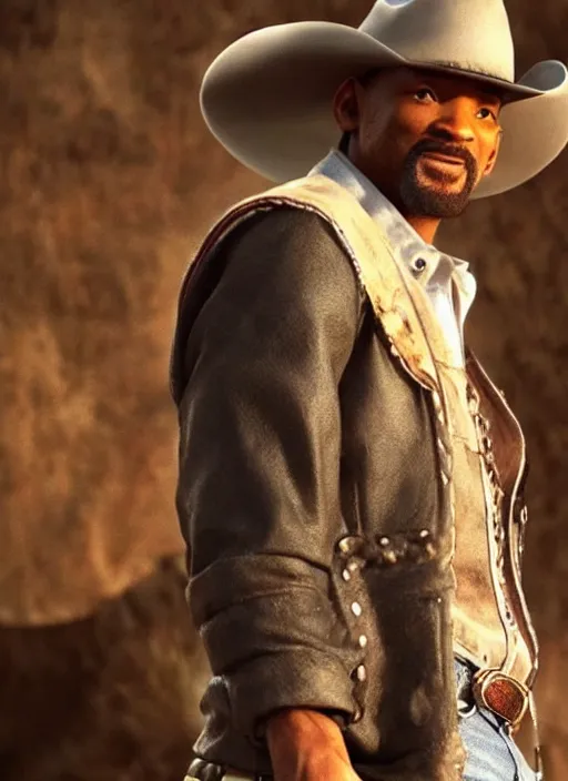 Image similar to an film still of will smith as cowboy with beard, western background, unreal engine. amazing likeness. very detailed.