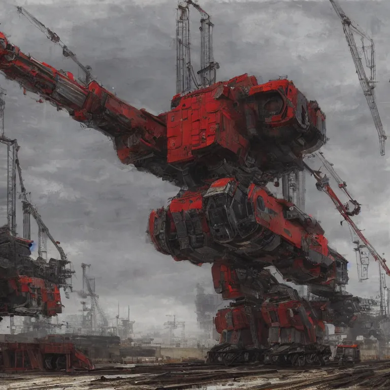 Image similar to construction of a giant soviet mech at the factory by jakub rozalski