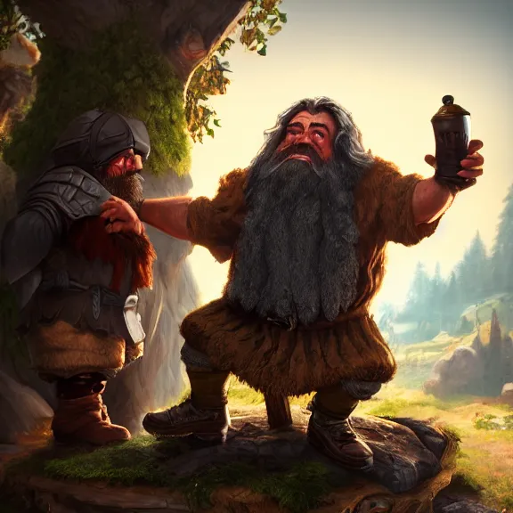 Image similar to Drunk Dwarf Woodsman asks Raven to get him an Ale, RPG Portrait Full Body, Oil Painting, Trending on Artstation, octane render, Insanely Detailed, 8k, HD