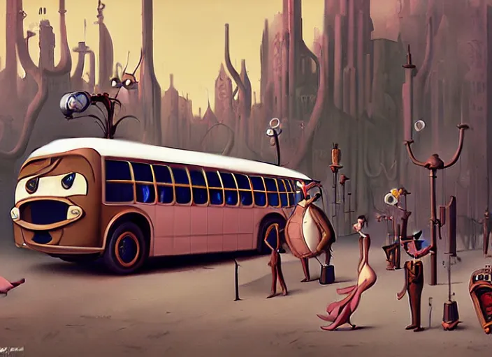 Image similar to matte sharp painting, a steampunk bus, juxtapoz, artforum, gary baseman, preston blair, tex avery, dan mumford, pedro correa