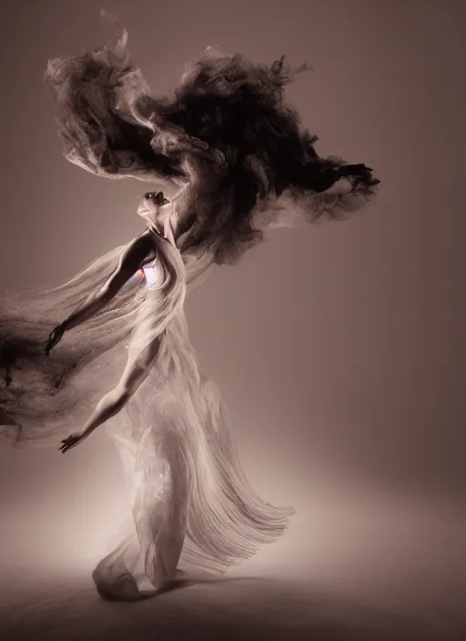 Image similar to a Photorealistic dramatic hyperrealistic render of a beautiful Female smoke dancer by Ken Brower and Deborah Ory of NYC Dance project,Lois Greenfield,Flowing cloth and smoke,Beautiful dynamic dramatic dark moody lighting,volumetric,shadows,cinematic atmosphere,Octane render,8K