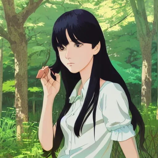 Image similar to Character portrait of a young beautiful woman in a lush park, beautiful face, long dark hair with bangs, highly detailed, cel shading, Studio Ghibli still, by Ilya Kuvshinov and Akihiko Yoshida