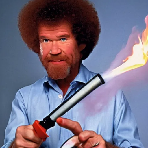 Image similar to bob ross holding a flame thrower