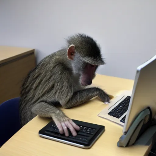 Image similar to a baboon programming, in the office
