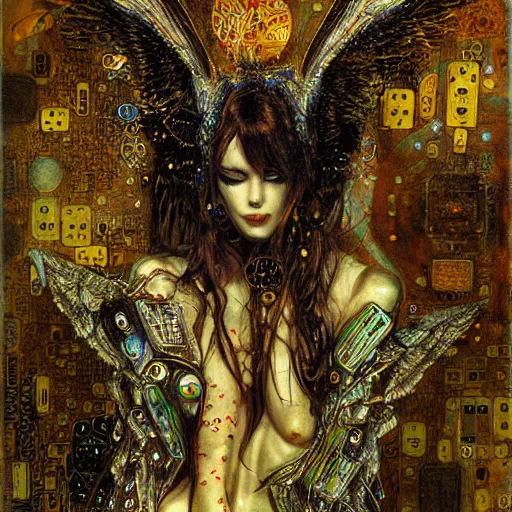 Prompt: winged cyberpunk demon trapped in circuitry, intricate detail, miro, royo, whealan, klimt,