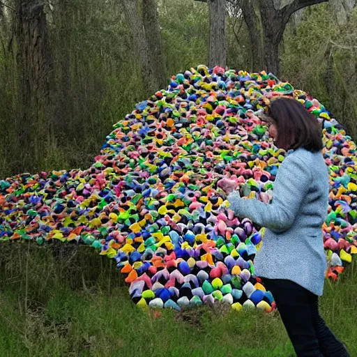 Prompt: A land art. A rip in spacetime. Did this device in her hand open a portal to another dimension or reality?! by Jacob Hashimoto somber