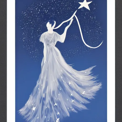 Prompt: loose, dynamic by matti suuronen. a conceptual art of a woman with wings made of stars, surrounded by a blue & white night sky. the woman is holding a staff in one hand, & a star in the other. she is wearing a billowing dress, & her hair is blowing in the wind.