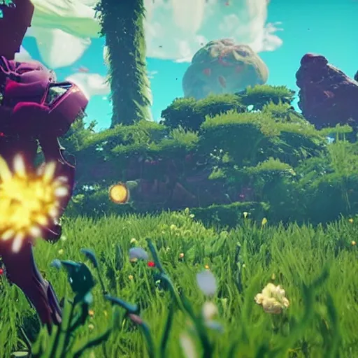 Image similar to corrupted sentinel enjoying picking up flower on infested planet in no man's sky