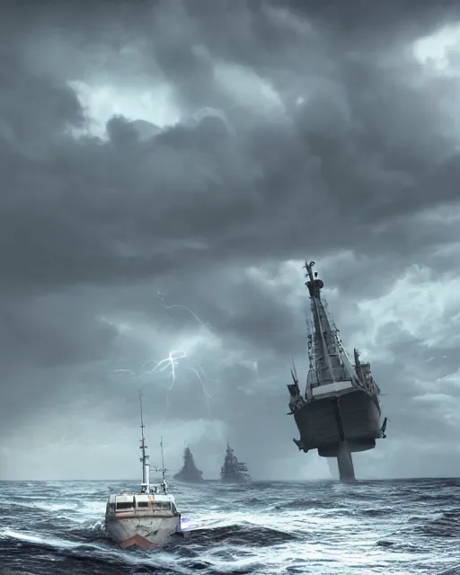 Image similar to establishing shot of a fishing boat on stormy seas, a gigantic star destroyer spaceship flying overhead, stormy weather, unreal engine, hyper realism, realistic shading, cinematic composition, realistic render, octane render, detailed textures, photorealistic, ultrawide shot, 16mm lens