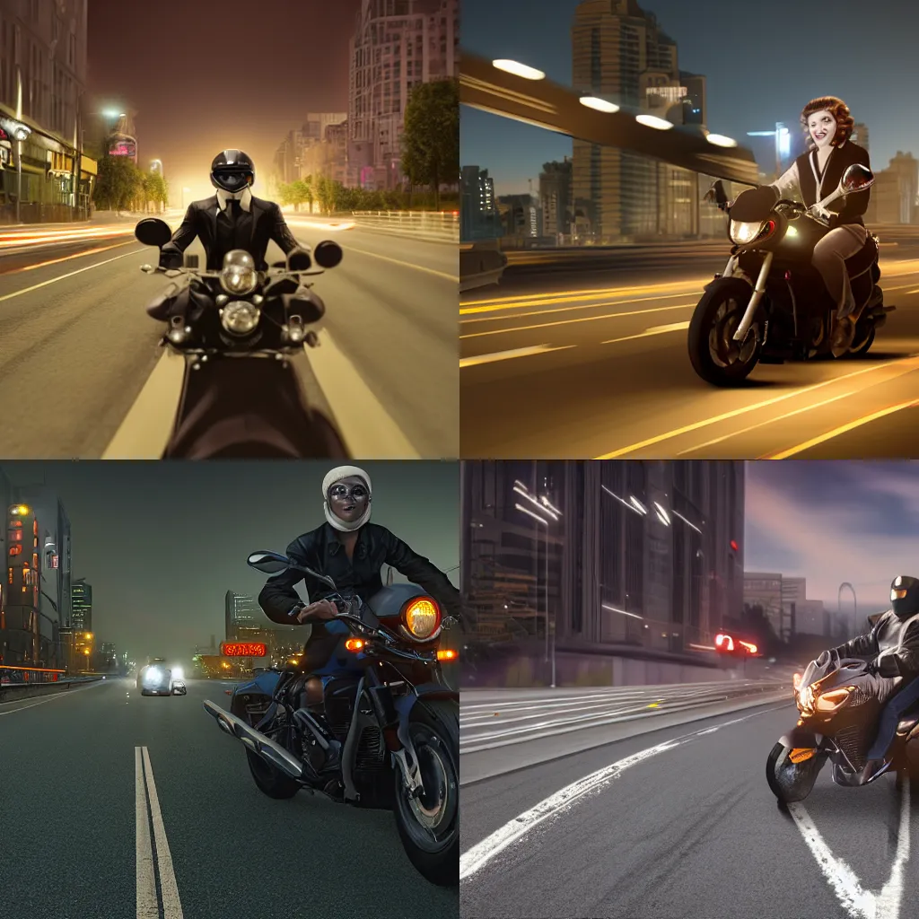 Prompt: a matte painting of a man dressed as a woman, speeding on motorcycle, photo realistic, high detail, night street, night time, unreal engine render