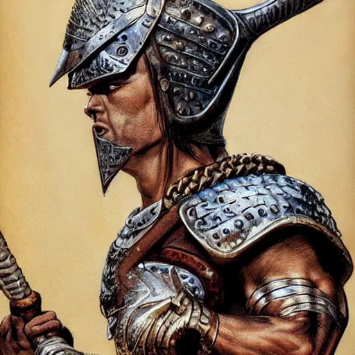 Image similar to Portrait of Conan the conqueror , in a horned helmet, scant chainmail armor, wielding an axe, muscular male, fantasy, extremely detailed, mixed media comic book style illustration, artstation, fantasy art, sharp focus, perfectly symmetrical facial features, intimate lighting, art by Frank Frazetta, Simon Bisley and Bill Sienkiewicz , hyperrealism, dark fantasy, foreboding atmosphere, perfect ratio, hyperdetailed, highest resolution, heavily detailed and complex