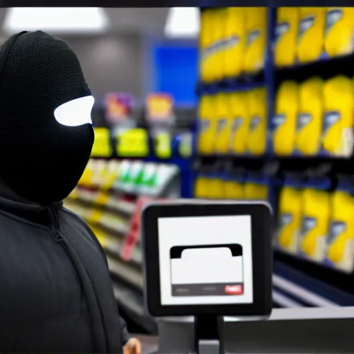 Image similar to a masked man at a self checkout stealing a banana, trending on artstation, depth field, unreal engine, cinematic, hyper realism, high detail, 8 k