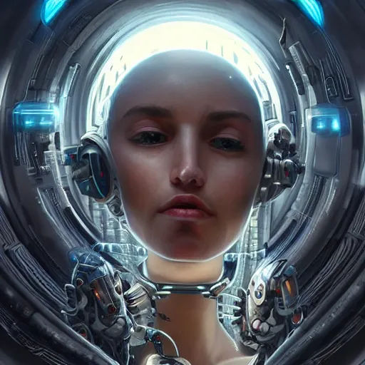 Image similar to a realistic detailed beautiful portrait of a cybernetic woman,glowing orb in her mouth, cyberpunk concept art, digital art, highly detailed, intricate, sci-fi, sharp focus, Trending on Artstation HQ, deviantart, unreal engine 5, 4K UHD image, hyperrealistic, photorealistic, art by artgerm and greg rutkowski and alphonse mucha