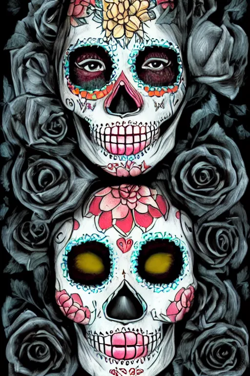 Image similar to Illustration of a sugar skull day of the dead girl, art by H R Giger