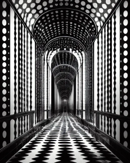 Image similar to art deco hallway, black and white dots, ultra detail, photoreal, professionally retouched, black and white colors, wide angle, 8 k high definition, insanely detailed, intricate, elegant, art by artgerm and wlop