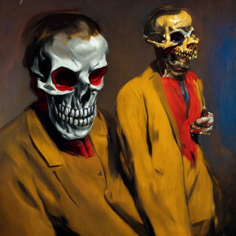 Prompt: portrait of a man with skullface who stares intently with skulls, highly detailed oil painting, 8 k, by francis bacon, edward hopper, soft light 4 k, red and blue and yellow colour palette, cinematic composition, cinematic lighting, high quality