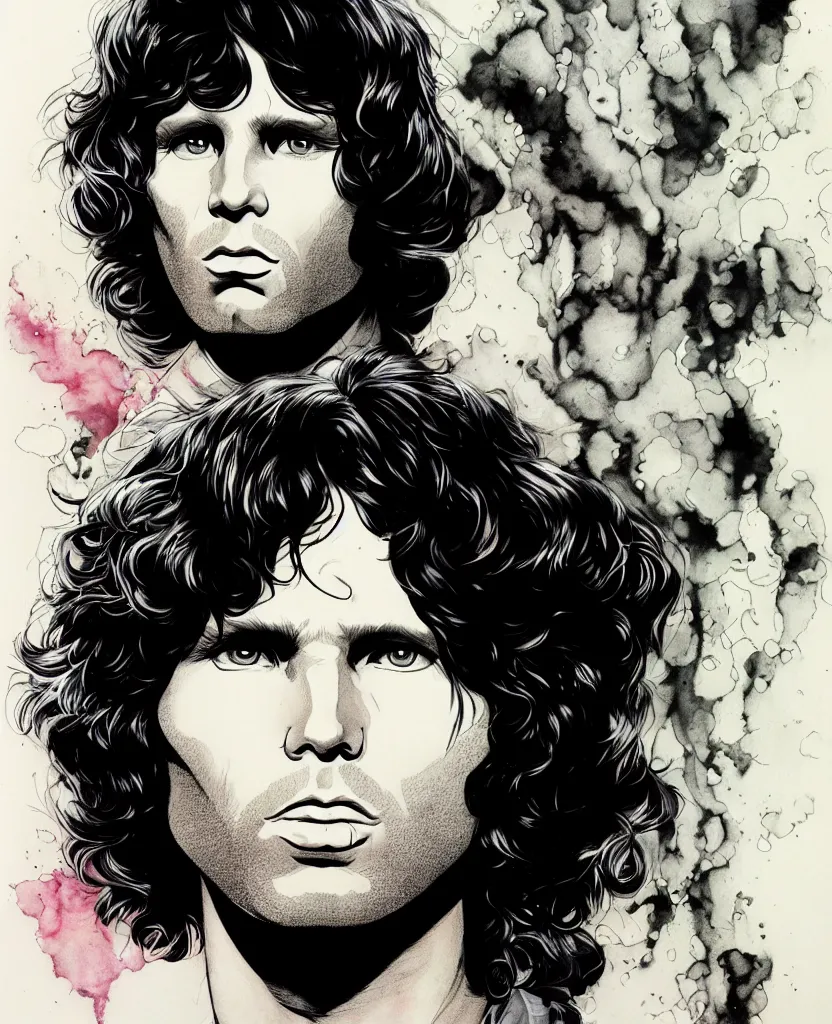 Image similar to portrait of jim morrison by yukito kishiro, colored, hyper detailled, trending on artstation