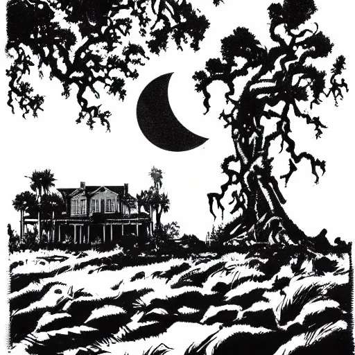 Image similar to bayou plantation, heavy ink, moon in sky, green, mike mignola