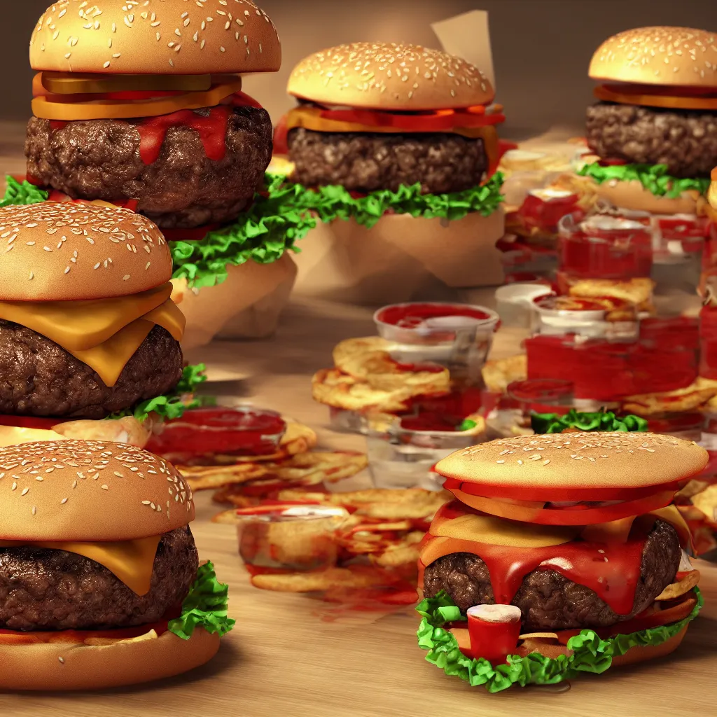 Prompt: A burger with too much ketchup all over the wrapping paper, octane render, Unreal Engine, cinematic