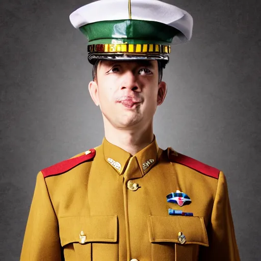 Image similar to a realistic photograph of a ice cream cone themed military uniform of a high ranking ice cream cone officer