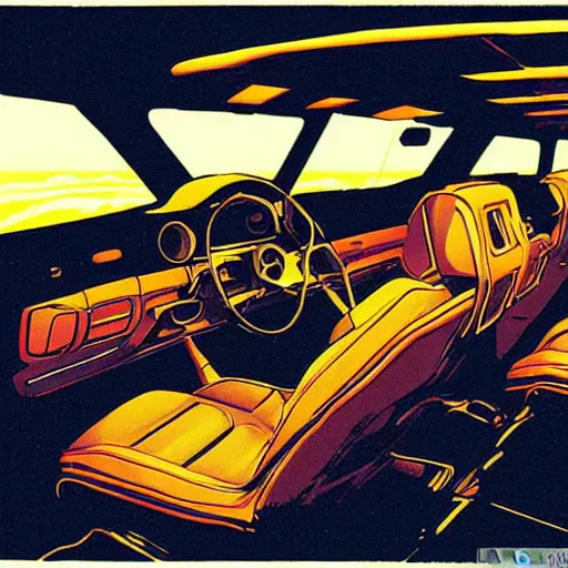 Prompt: interior of a mustang, richard corben style