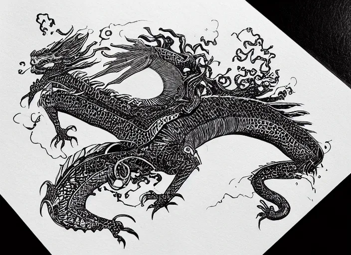 Prompt: black micron pen illustration, dragon steam punk, clean lines, really clear, crisp detail, fine pen, artstation, Olivia Kemp, julia Hill