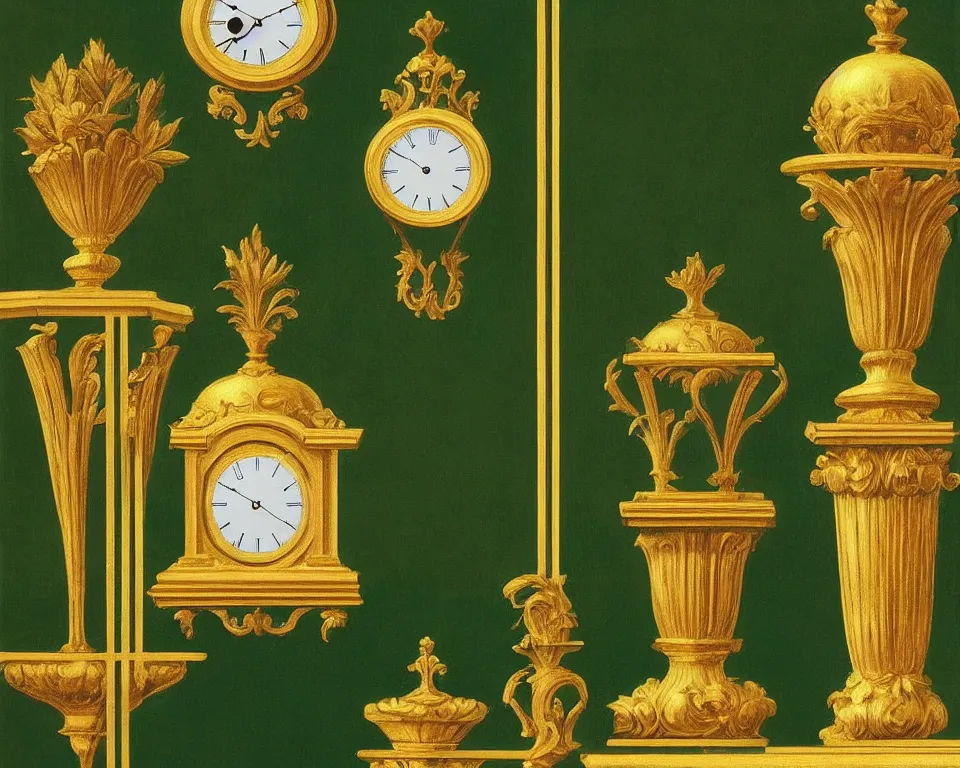 Prompt: an achingly beautiful print of gold clocks and marble corinthian capitals on a forest green wall by Raphael, Hopper, and Rene Magritte. detailed, romantic, enchanting, trending on artstation.