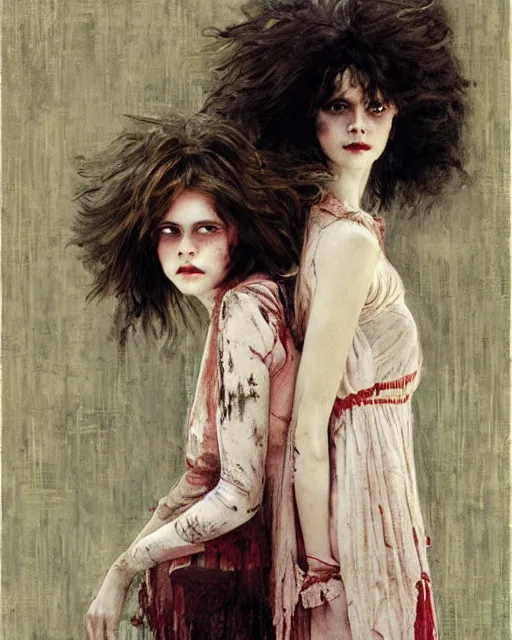 Prompt: two gorgeous but creepy siblings in layers of fear, with haunted eyes and wild hair, 1 9 7 0 s, seventies, wallpaper, a little blood, crimson moonlight showing injuries, delicate embellishments, painterly, offset printing technique, by coby whitmore, jules bastien - lepage