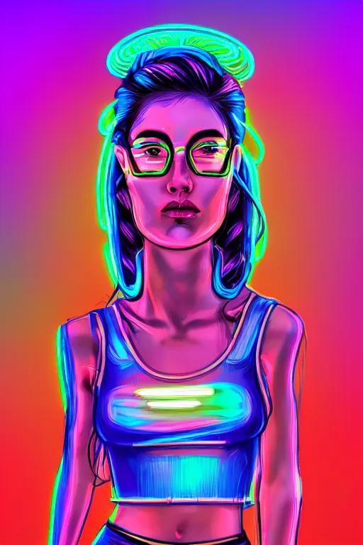 Image similar to a award winning half body portrait of a beautiful woman with stunning eyes in a croptop and cargo pants with smoke for hair in rainbow colors, outlined by whirling illuminated neon lines, outrun, vaporware, shaded flat illustration, digital art, trending on artstation, highly detailed, fine detail, intricate