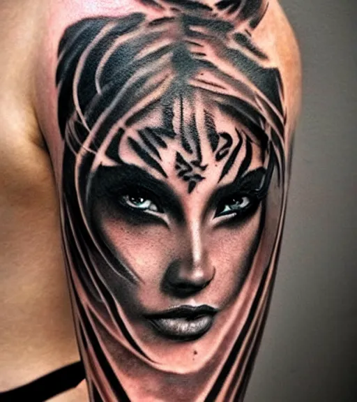 Image similar to tattoo design of a beautiful girl warrior, above the girl there is a tiger head, hyper realistic, realism tattoo, by eliot kohek, beautiful eyes, realistic face, black and white, white background