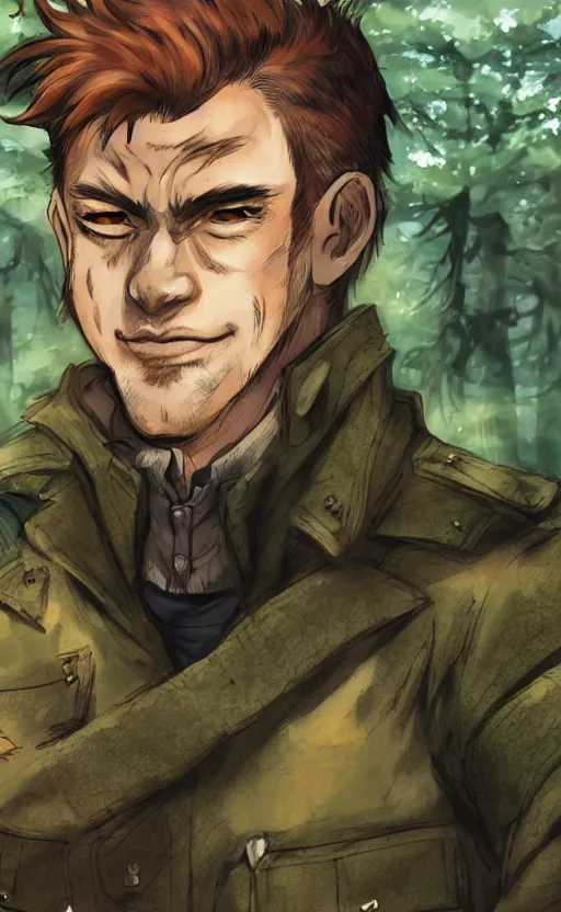 Image similar to close up character portrait icon of the german shepard beast - man military uniform head animal person wearing clothes standing in the bright forest, hidari, color page, tankoban, 4 k, tone mapping, akihiko yoshida