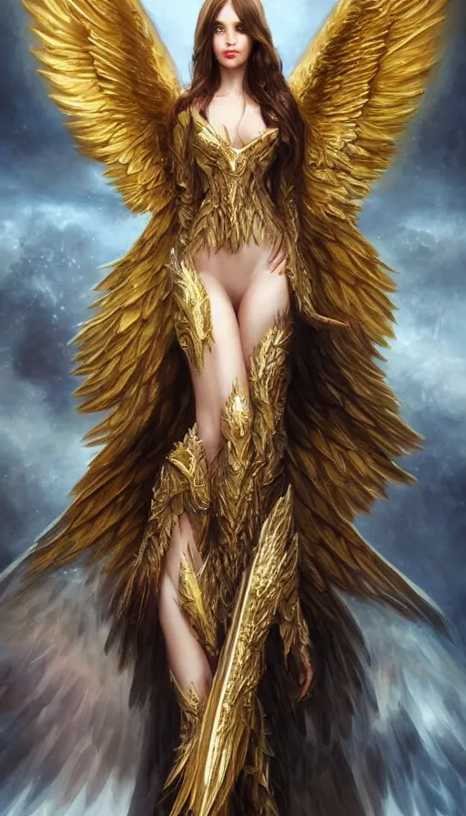 Image similar to a beautiful woman archangel big golden wings, full body, 8 k, hyperrealistic, sharp focus, hyperdetailed, beautiful face, long dark hair, dark fantasy, fantasy portrait by laura sava