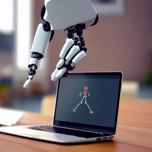 Prompt: a robot works in front of a laptop