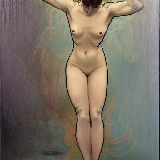 Image similar to A ghostly woman crawling out of a mirror, horror, oil on canvas, in the style of Range Murata and Alphonse Mucha