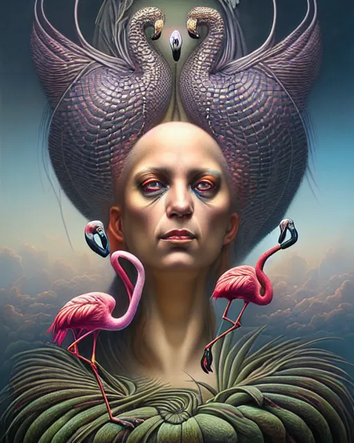 Image similar to a detailed portrait of dreampunk flamingo python hybrid mix by tomasz alen kopera and peter mohrbacher