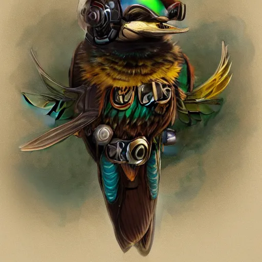 Image similar to a concept art of a steampunk bee eater. Trending topic on artstation. 8k. Highly detailed.