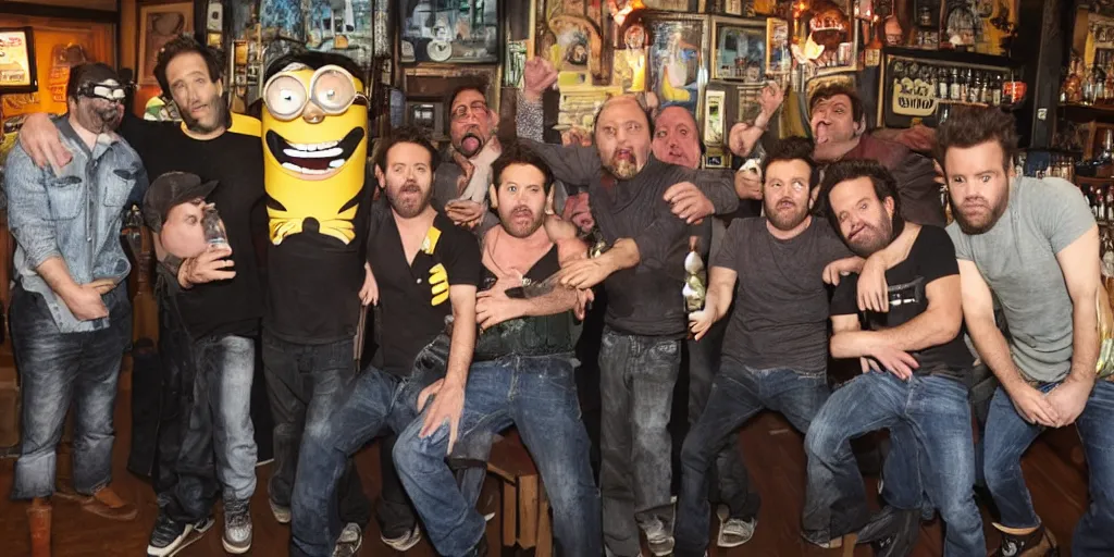 Prompt: the gang from Always Sunny in Philidelphia hanging out with the Minions at their bar, FX TV show, lenses, sitcom