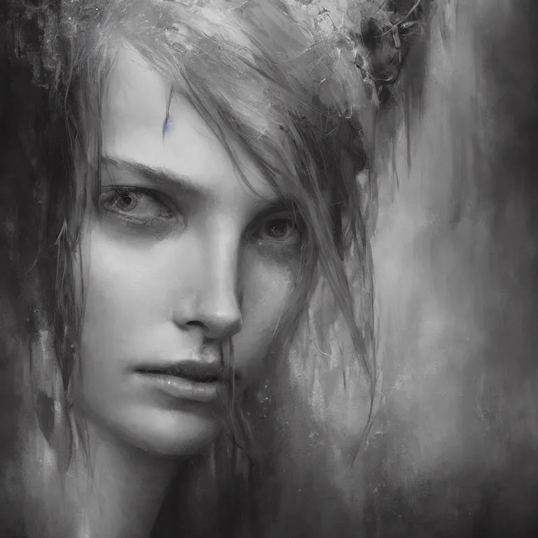 Image similar to beautiful photographic by jeremy mann, only one head single portrait absurdly beautiful, elegant, ultrafine hyperrealistic detailed face, alphonse mucha, intricate linework, sharp focus, final fantasy, unreal engine, dramatic lighting, ethereal, 8 k