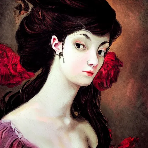 Prompt: portrait, rococo, manga, tonal, pretty young lady, thin, dark hair painting chaos