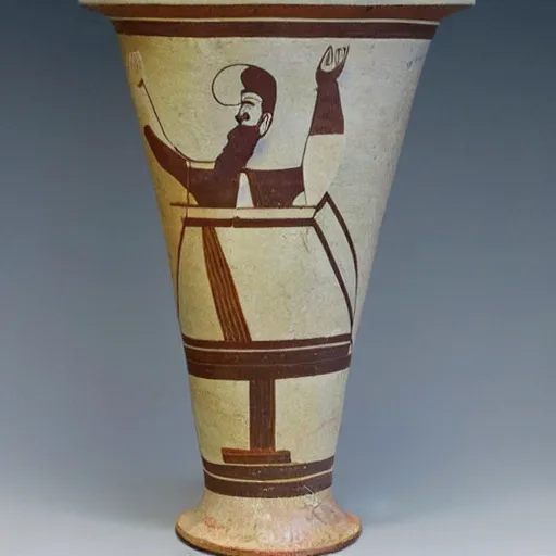 Image similar to a beautiful ancient greek amphora geometric art copy museum ceramic pottery vase depicting stalin waving