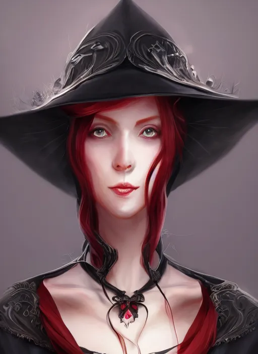 Image similar to a highly detailed illustration of tall beautiful red haired lady wearing black noir dress and black sun hat, dramatic smile pose, perfect face, perfect body, perfect eyes, intricate, elegant, highly detailed, centered, digital painting, artstation, concept art, smooth, sharp focus, league of legends concept art, wlop.