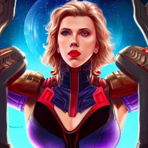 Image similar to scarlett johansson as thanos, feminine beautiful muscular fitness model wearing armor, red lips, strong jaw, pin up, attractive, highly detailed full body portrait, pretty face, elegant, breathtaking art, concept art, by artgerm and ilya kuvshinov