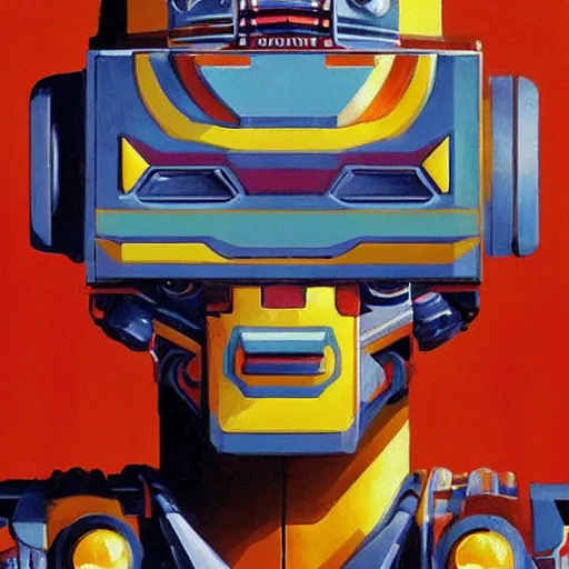 Image similar to portrait of a colourful tribal mecha robot, symmetrical, painting by drew struzan,