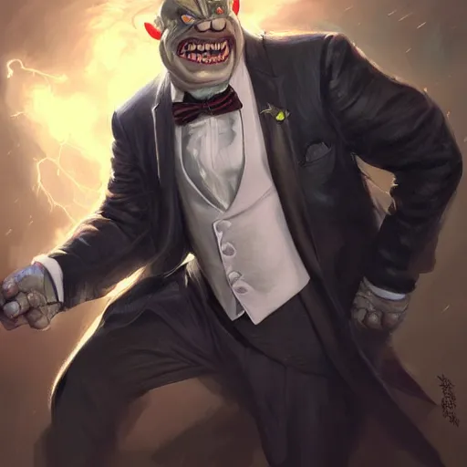 Image similar to portrait of a gentleman half - ogre wearing a tuxedo, cinematic lightning, d & d, fantasy, highly detailed, digital painting, sharp focus, illustration, art by artgerm and greg rutkowski and magali villeneuve