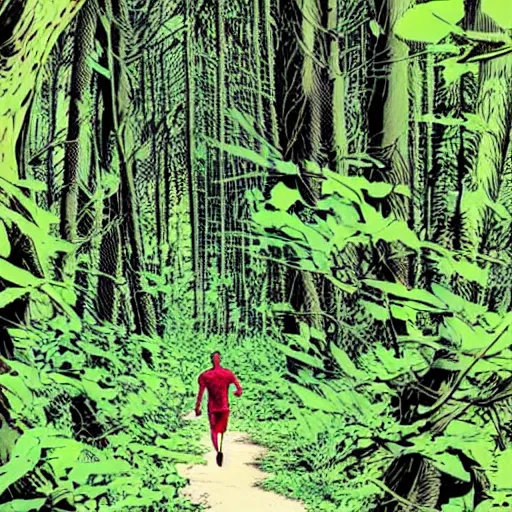 Prompt: a sporty guy runs alone through a forest with tall trees, art by Mike Deodato, acid-green sneakers, a shot from the back in perspective,