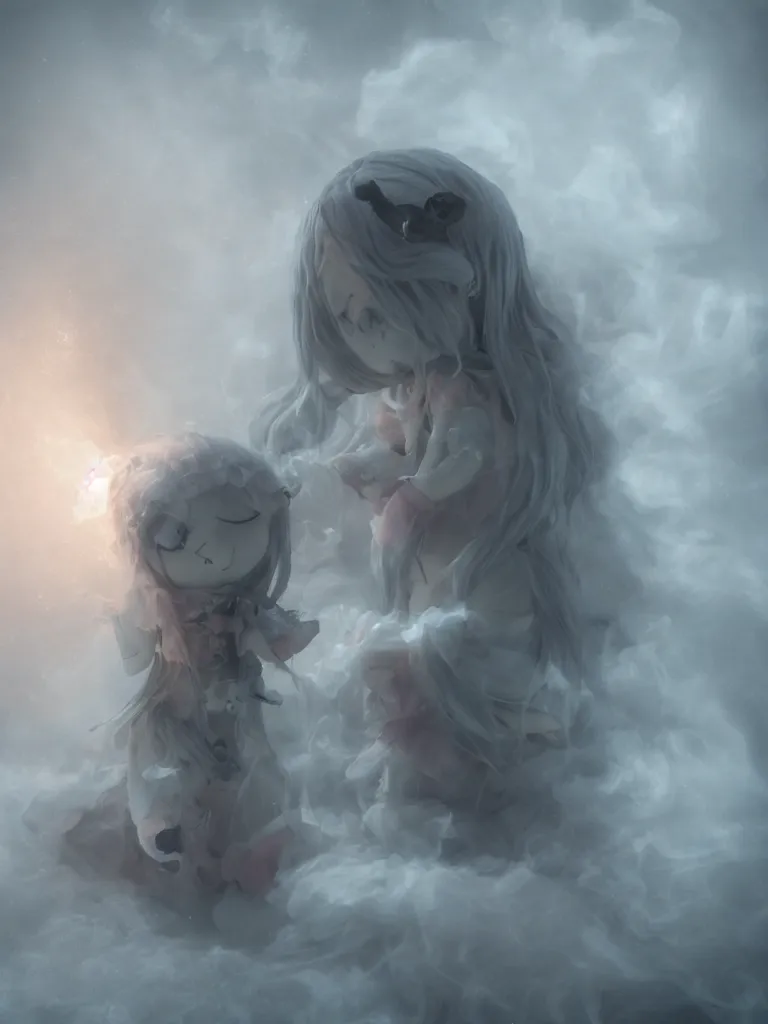 Image similar to cute fumo plush of a cursed frail witch girl held tight in the arms of a ghost, hugging, melting volumetric smoke and fog, environment map pbr reflective stormy water, goth, vignette, vray