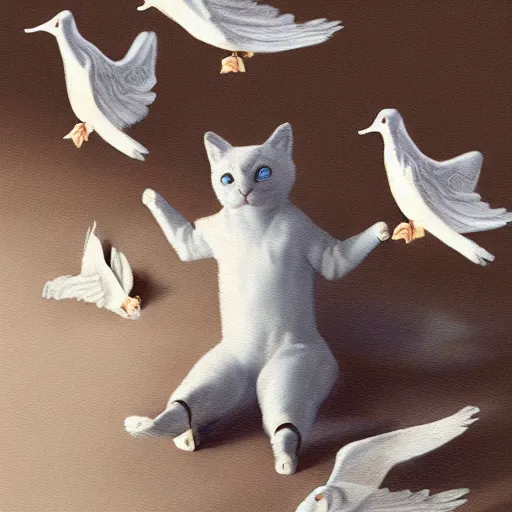 Image similar to cat playing with the dove of peace, photorealistic, detailed