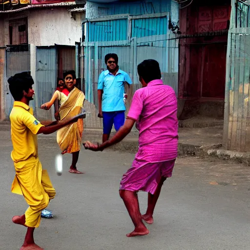 Image similar to four tamil friends playing a game of cricket, on an indian street