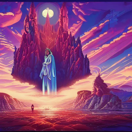 Image similar to the second coming of walt disney by dan mumford, yusuke murata, makoto shinkai, ross tran, cosmic, heavenly, god rays, intricate detail, cinematic, 8 k, cel shaded, unreal engine, featured on artstation, pixiv